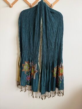 Rising Tide floral embroidered bohemian scrunch scarf/shawl with tassels